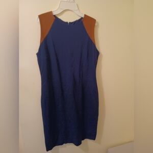 Lauren Ralph Lauren navy sheath dress brown leather shoulders sz 12p (062124C)